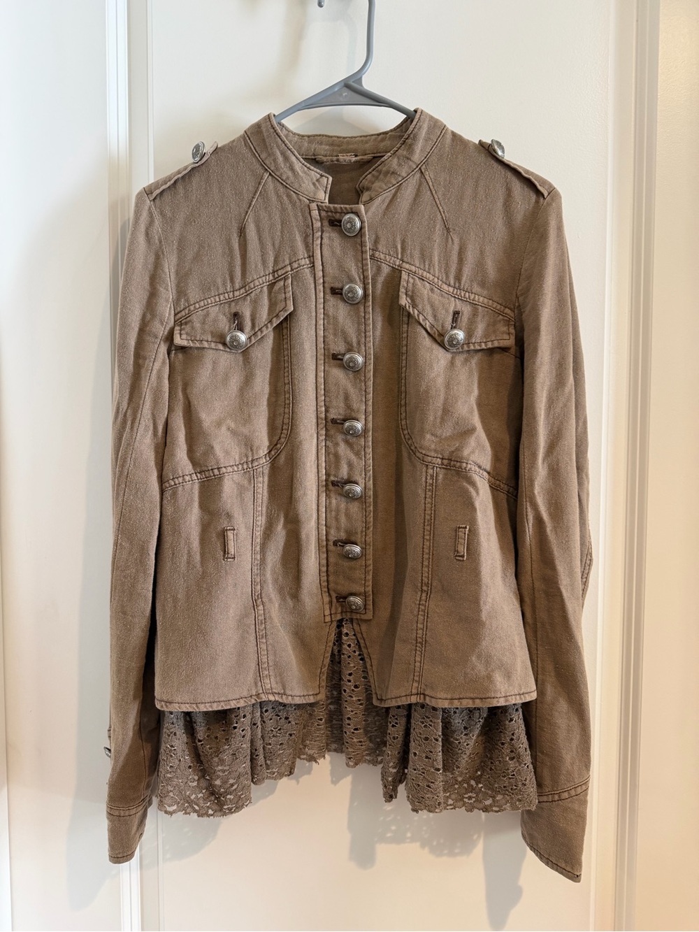 Free People Taupe Military-Style Utility Jacket with Lace Hem